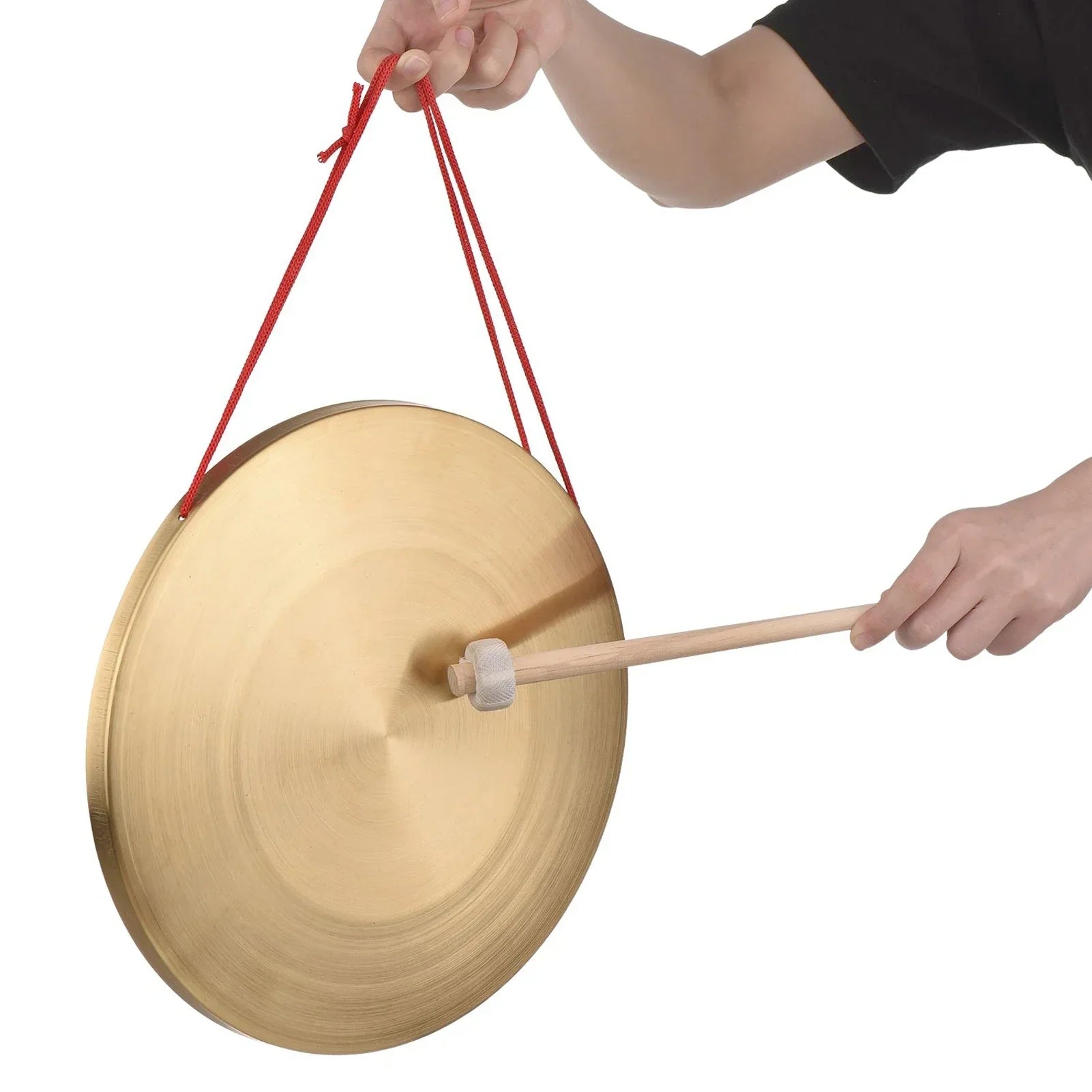 Brass gong with wooden mallet and red cord, ideal for 30cm Hand Gong Sound Healing