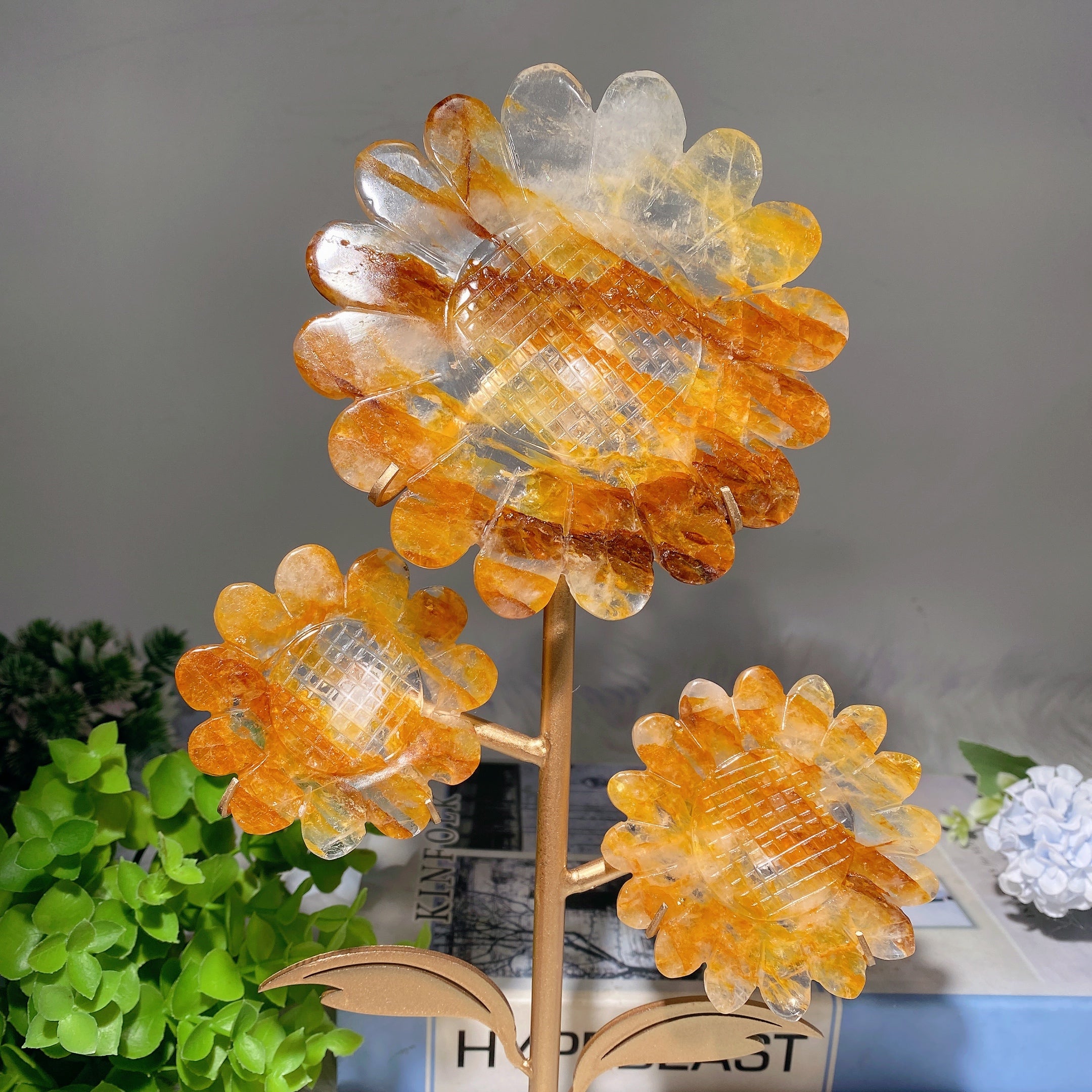 30cm Mixed Crystal Sunflower Figurine with Stand for Healing