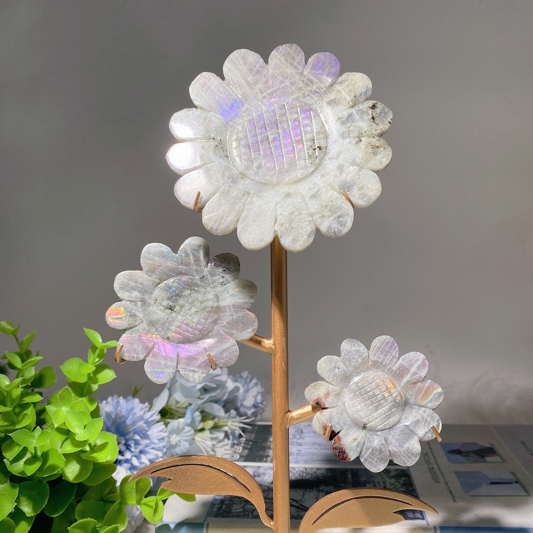 30cm Mixed Crystal Sunflower Figurine with Stand for Healing