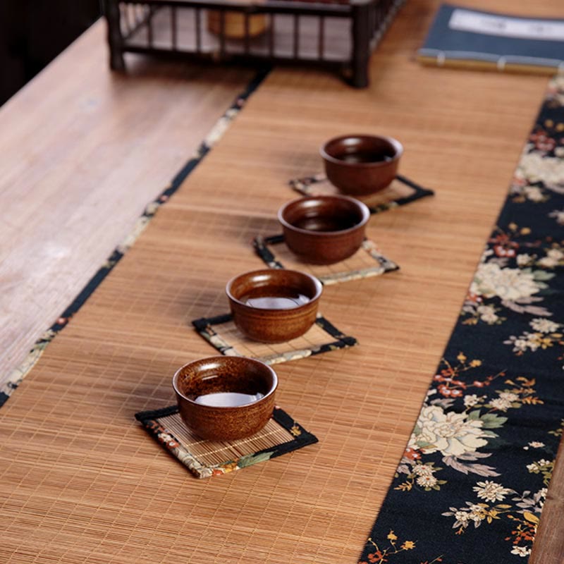 Vintage Bamboo Tea Mat 35x100cm | Peony Flower Coaster