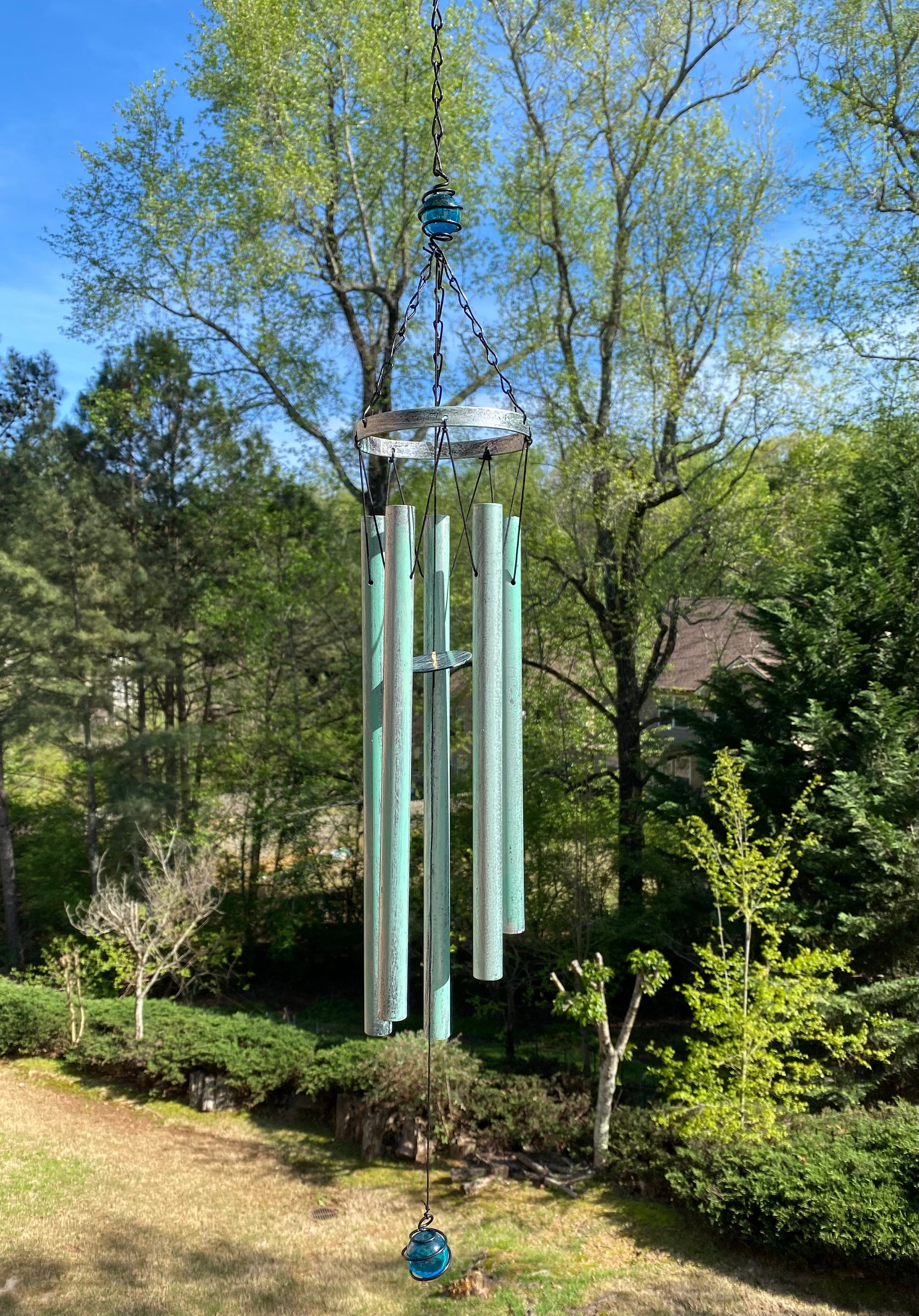 Metallic wind chimes with turquoise tubes and circular top, 31-inch deep tone design