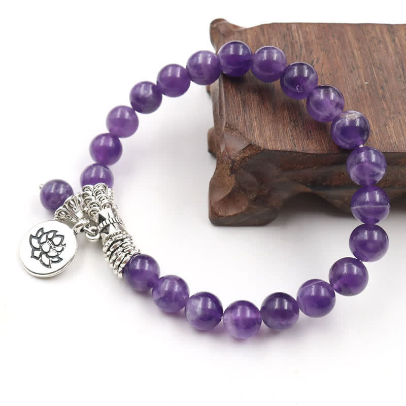 8mm Amethyst Healing Balance Bracelet with Lotus Symbol