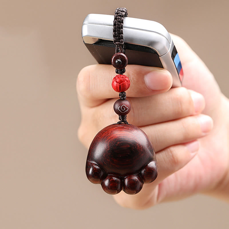 Lucky Cat Paw Wood Protection Key Chain with Red, Green & Ebony Sandalwood