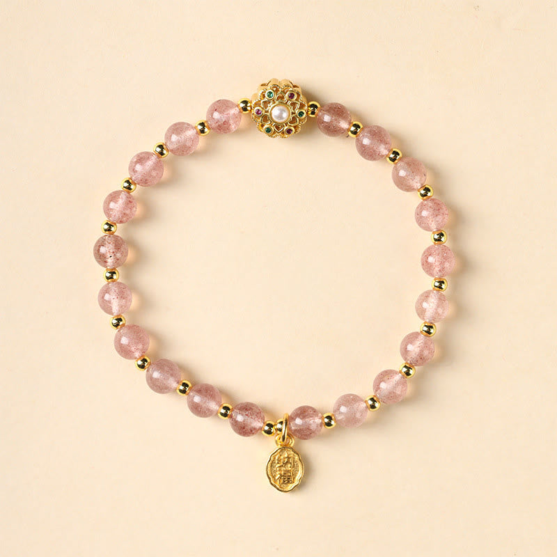 14K Gold Strawberry Quartz Spiritual Bracelet with Fu Charm