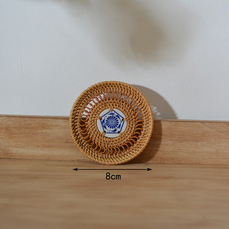 Ceramic Flower Pattern Rattan Cup Mat | 10cm Coaster