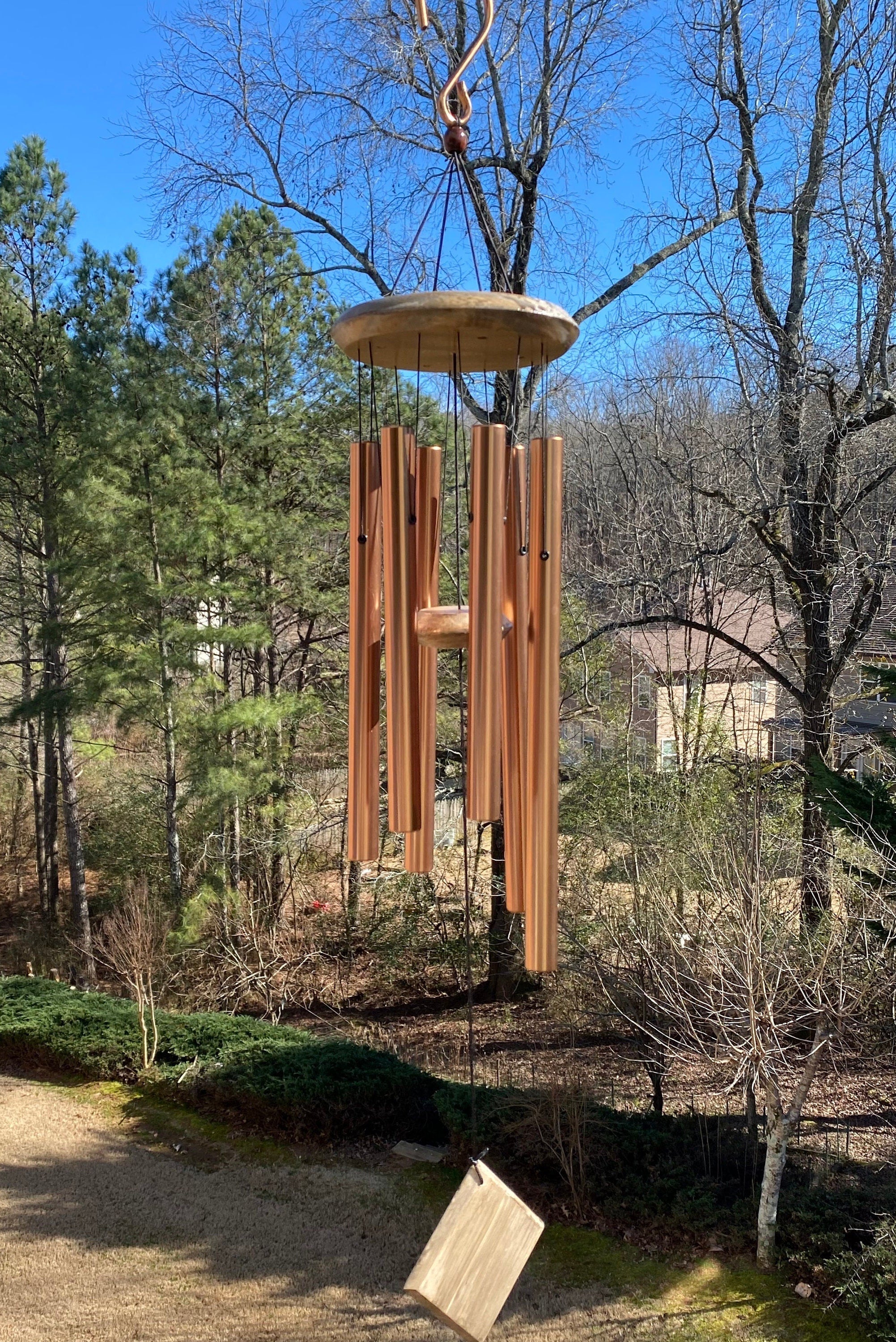 Wooden wind chimes with long tubular bells in a circular design, 32-inch deep tone