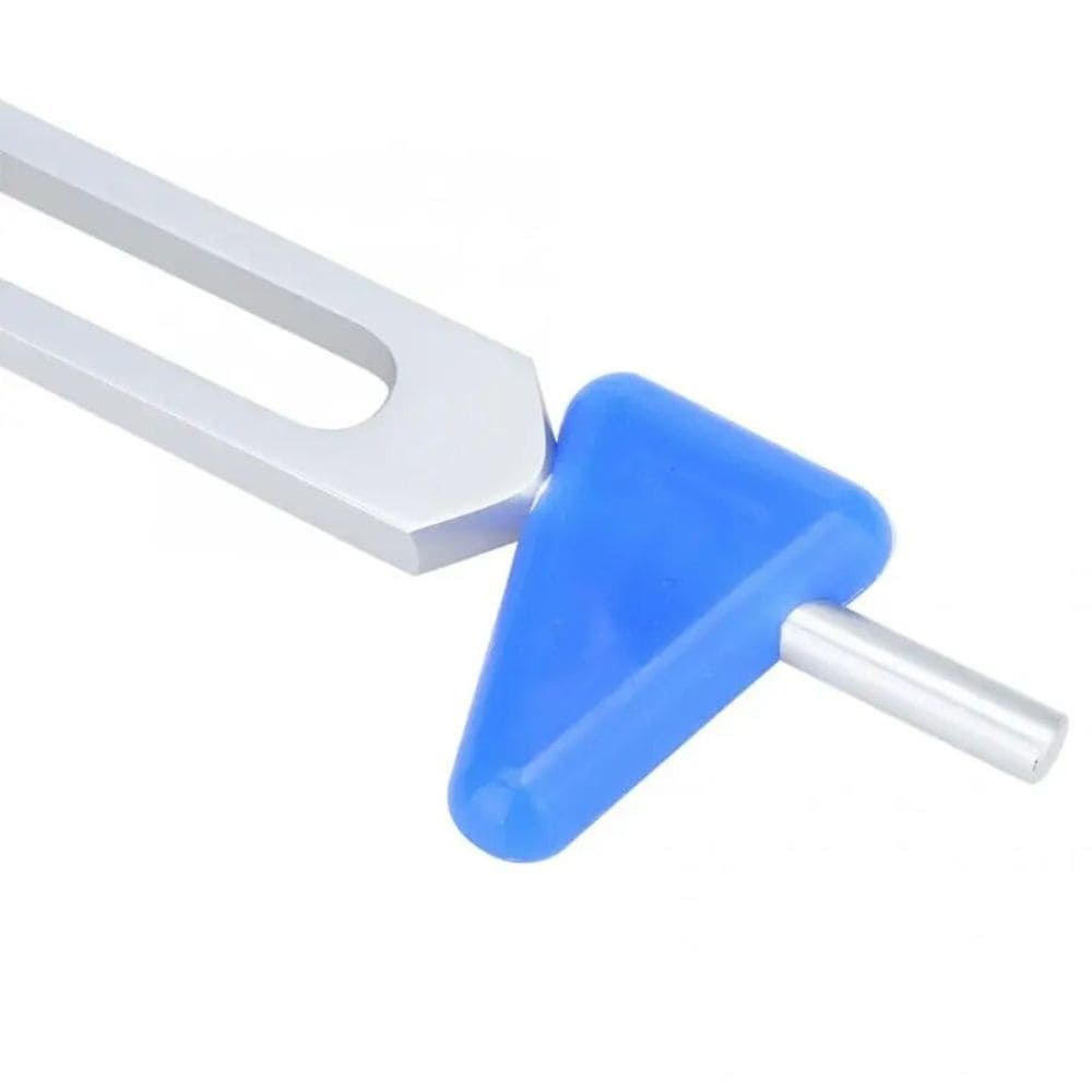 Medical reflex hammer with blue triangular head and metal handle for therapy use