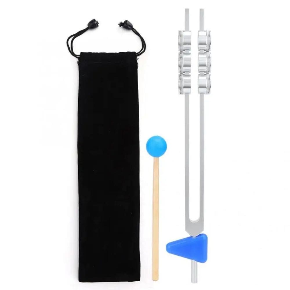 32 Hz Tuning Fork set with mallet, rubber base, and black velvet pouch for relaxation therapy