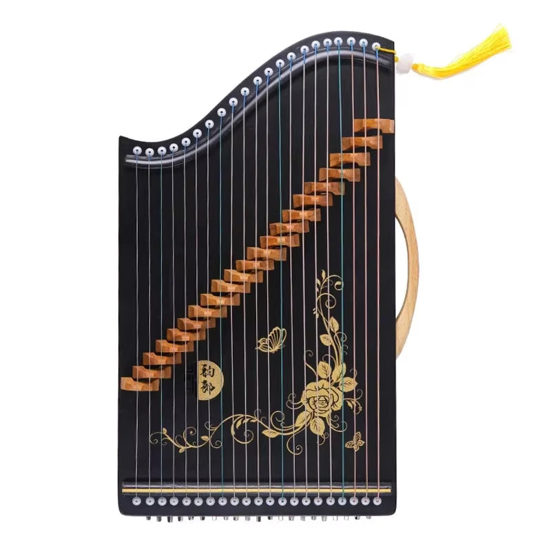 Black Guzheng with gold floral designs and wooden bridges, 32 inch Mini Guzheng