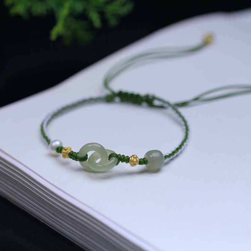 Sterling Silver Hetian Jade Double Peace Buckle Braided Bracelet