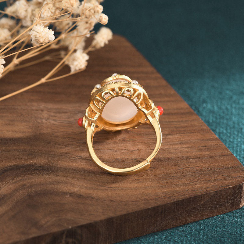 Adjustable White Jade and Red Agate Luck Ring for Protection