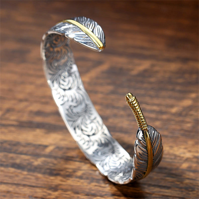 Copper Feather Pattern Carved Luck Wealth Cuff Bracelet