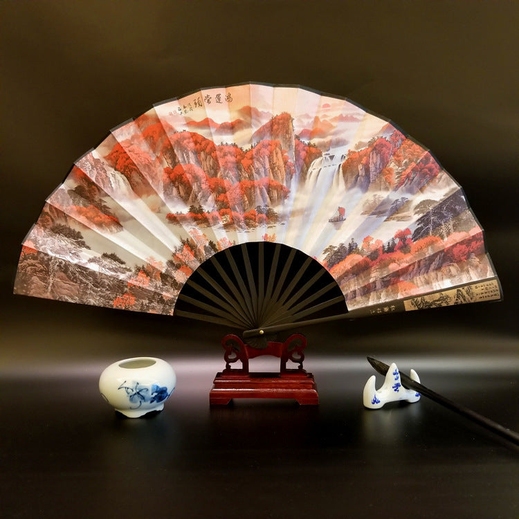33.5cm Chinese Bamboo Folding Fan with Great Wall Pattern