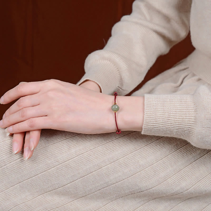 Small Hetian Jade Lotus Luck Red String Bracelet 6x8mm
