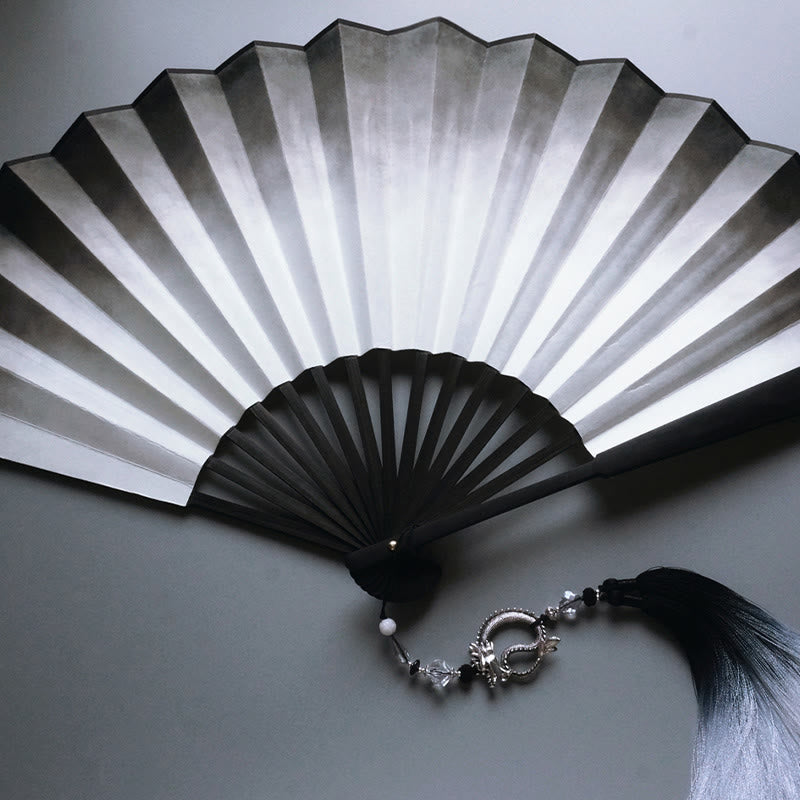 33cm Black White Ink Gradient Folding Fan with Bamboo Frame