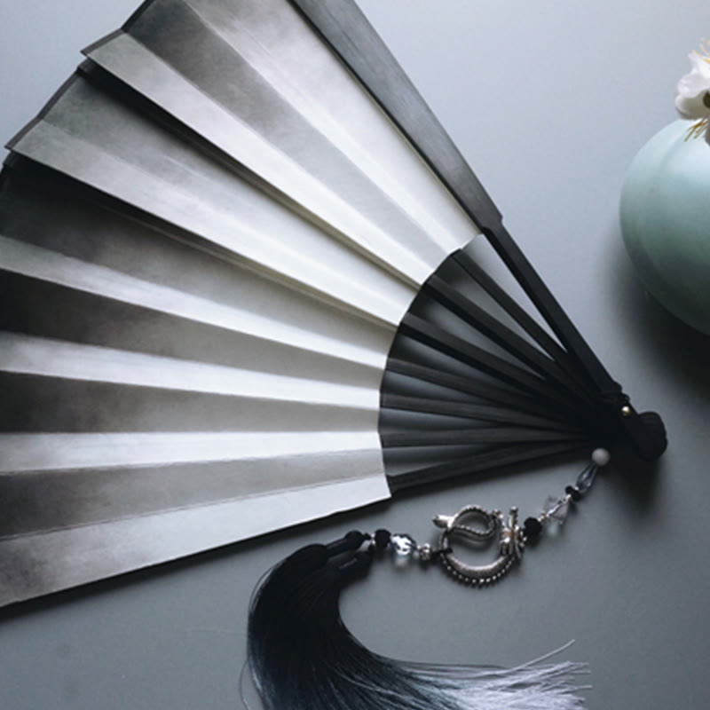 33cm Black White Ink Gradient Folding Fan with Bamboo Frame