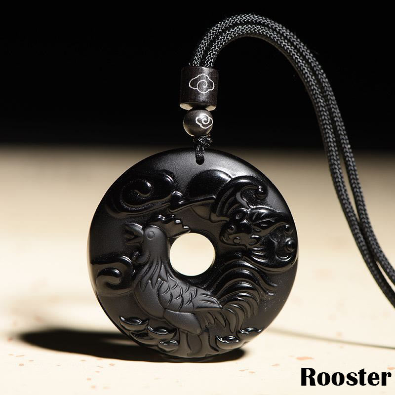 Chinese Zodiac Black Obsidian Strength Necklace Pendant