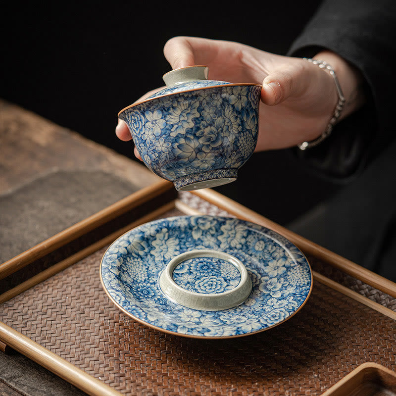 Vintage Blue White Porcelain Gaiwan Teacup with Lid 150ml