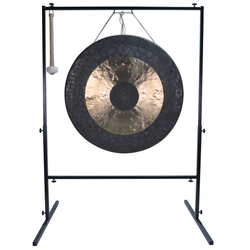 Traditional Chinese gong on black metal stand in 34 Inch Chinese Gong Set with Stand