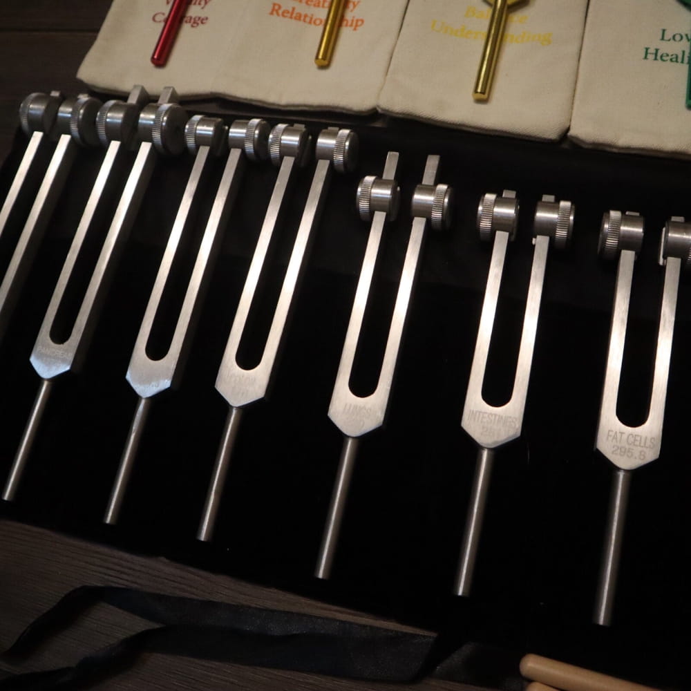 Set of medical tuning forks in a row from 34pc Solfeggio & Chakra Tuning Fork Set