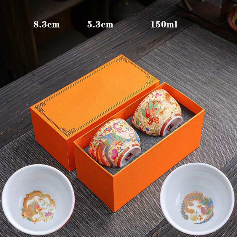 2Pcs Dragon Phoenix Ceramic Tea Cups for Zen Decor