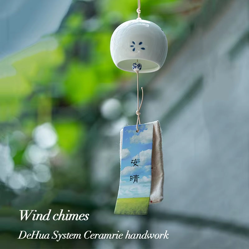 Ceramic wind chime with white bell and painted pendant for Japanese outdoor decor