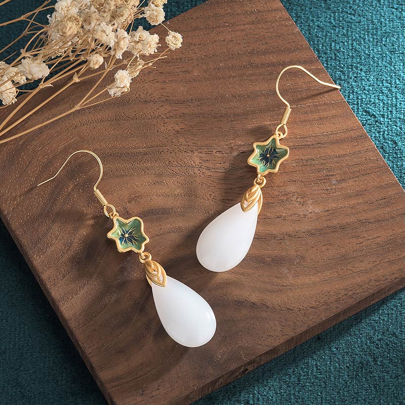 White Jade Luck Drop Earrings for Protection & Happiness