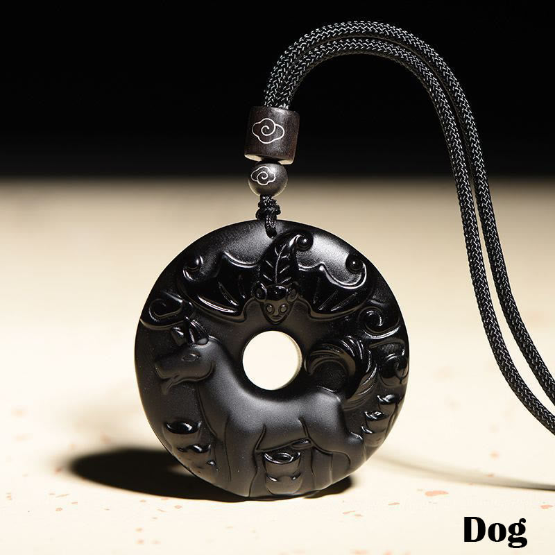 Chinese Zodiac Black Obsidian Strength Necklace Pendant