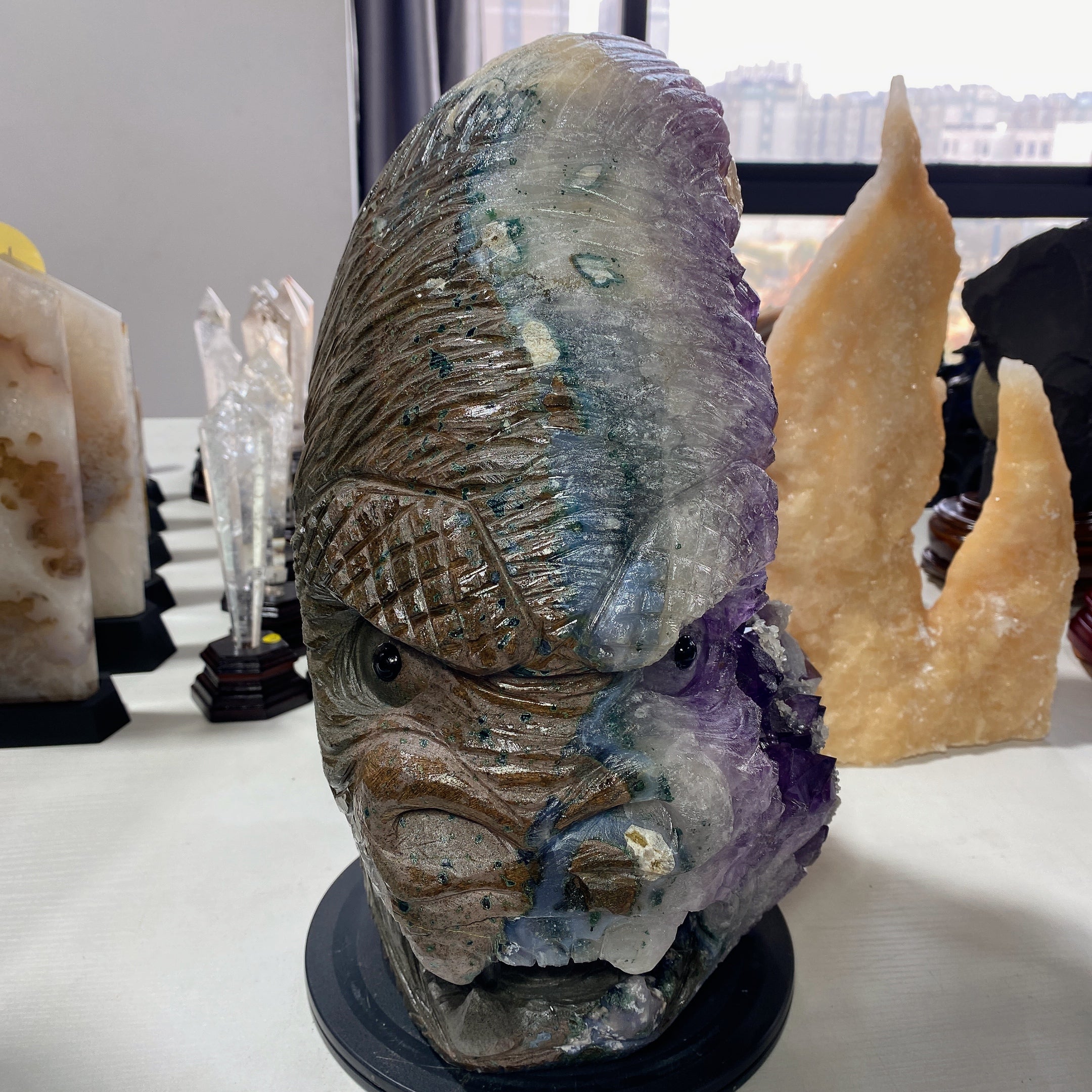 36cm Amethyst Crystal Figurine Kong Kim Carving