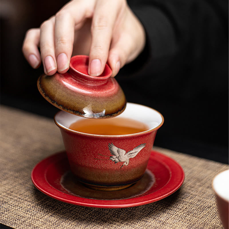 Red Auspicious Crane Ceramic Gaiwan Sancai Teacup | Zen Decor