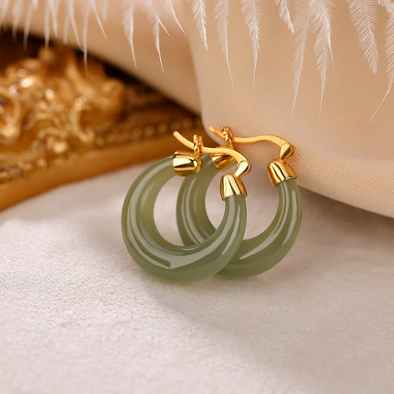 Round Jade Cyan Jade Prosperity Luck Drop Earrings