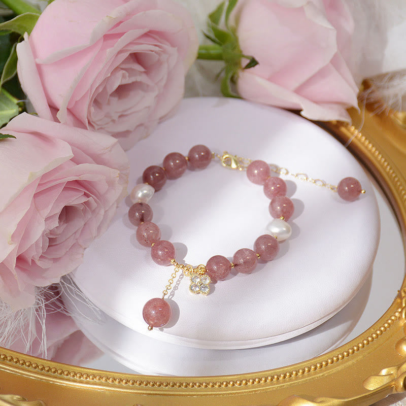 Strawberry Quartz Love Bracelet with Pearl and Four Leaf Clover Charm