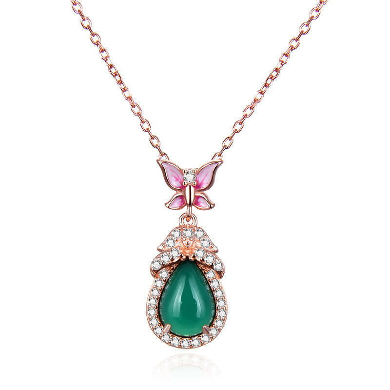 Unisex Green Chalcedony Butterfly Courage Necklace in Silver or Rose Gold