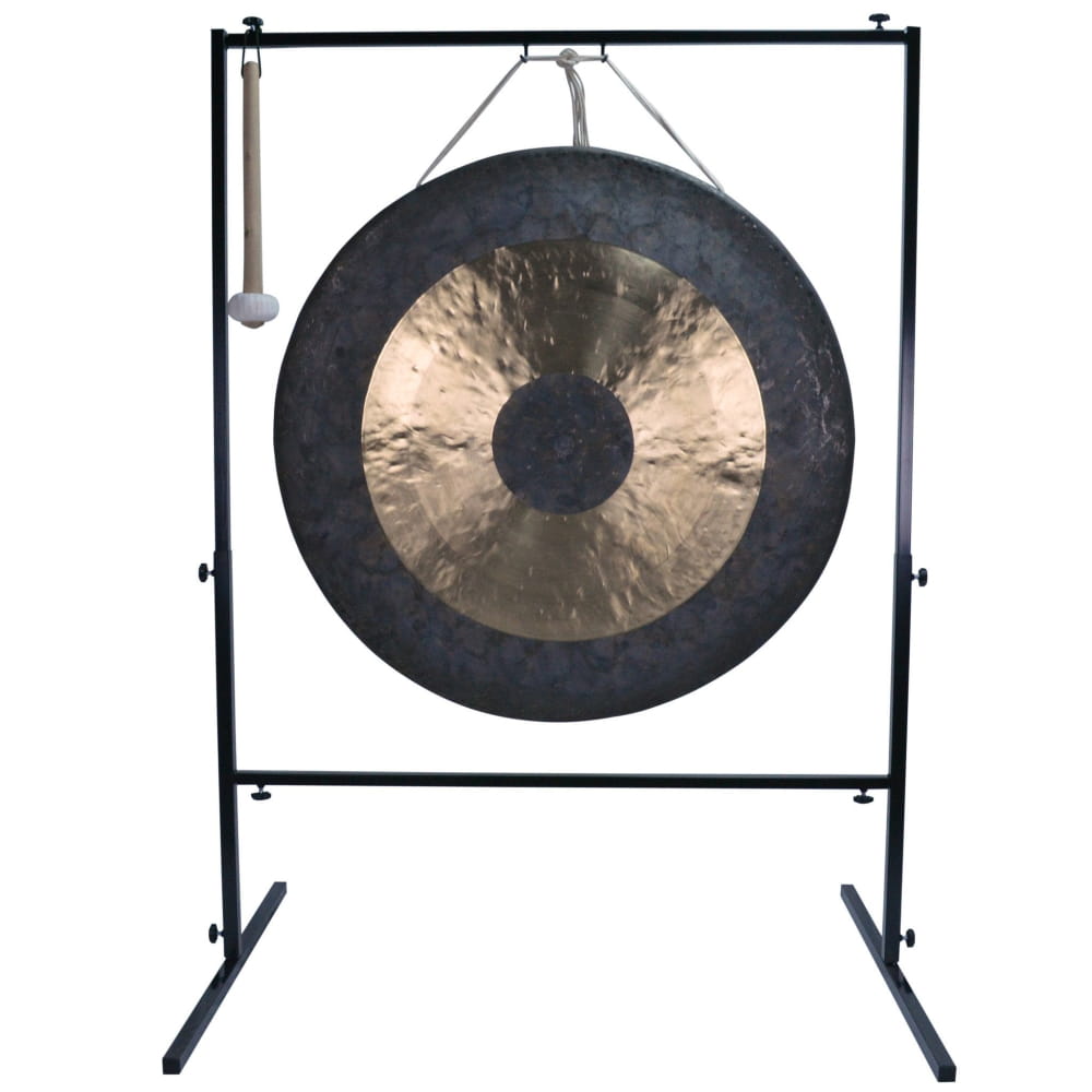 Traditional Chinese gong on a black metal stand, perfect for percussion enthusiasts