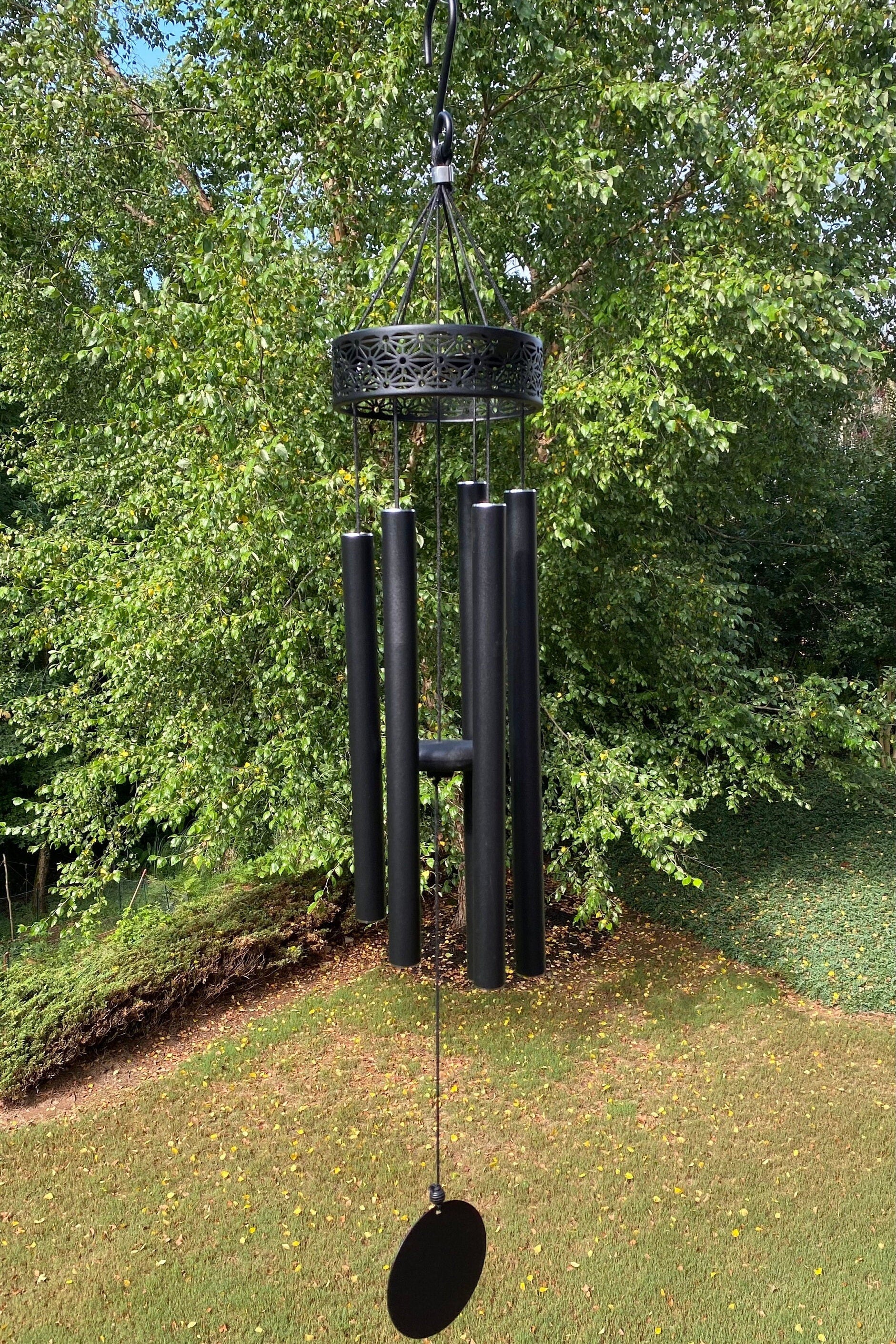 Black metal wind chime with tubular bells and round striker in 38’’ Deep Tone design