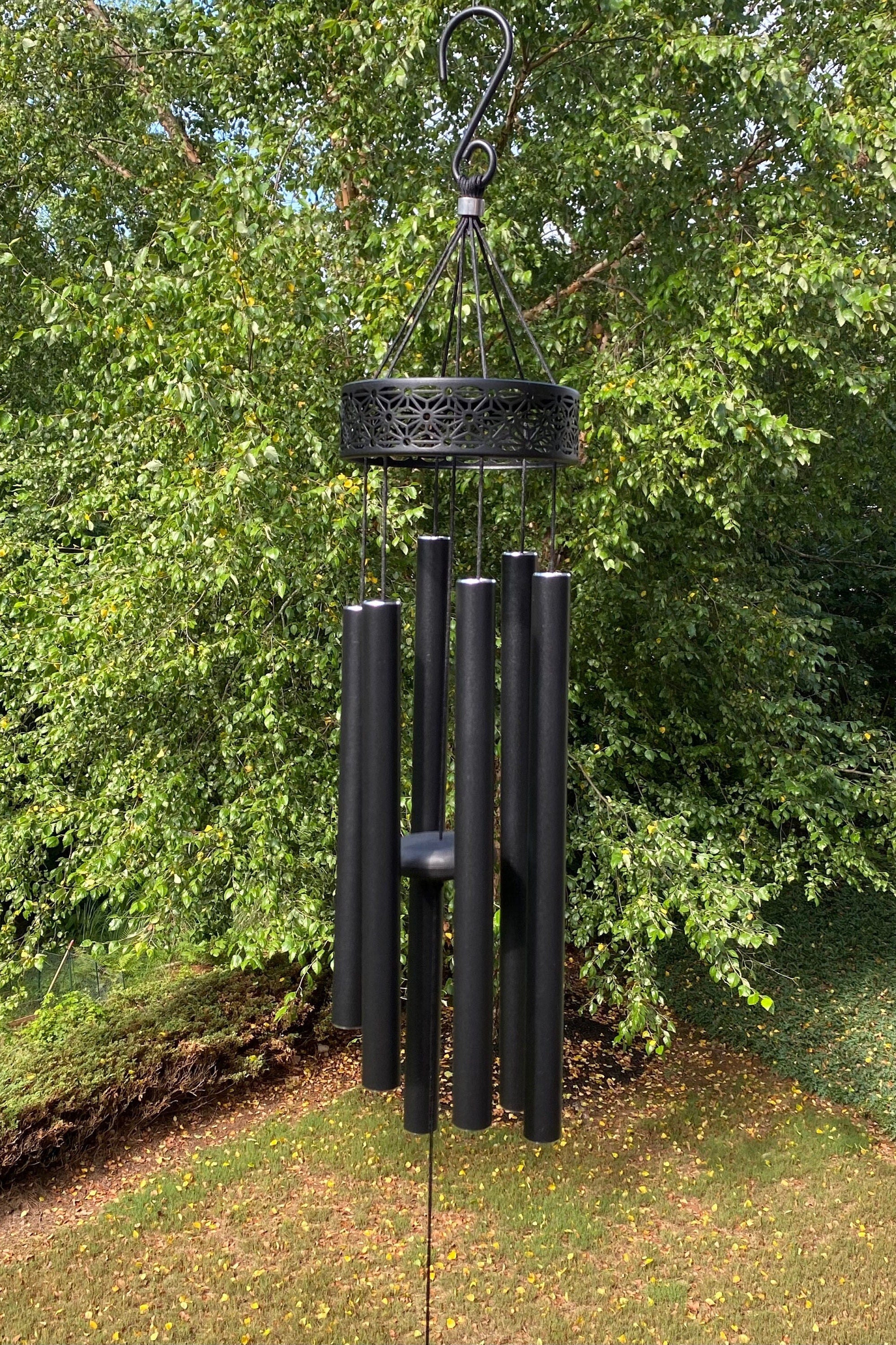 Black metal 38’’ Deep Tone Memorial Wind Chimes with decorative top and tubular chimes