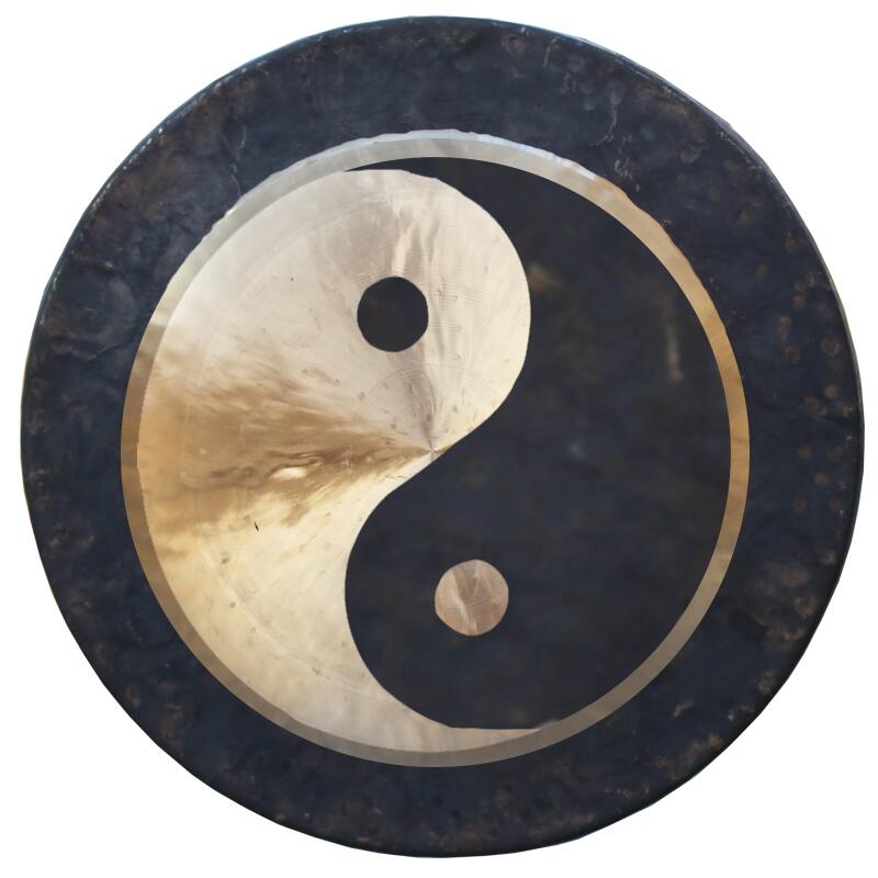 Yin-yang symbol in gold and black on a 38 Inch Chinese Gong for Meditation