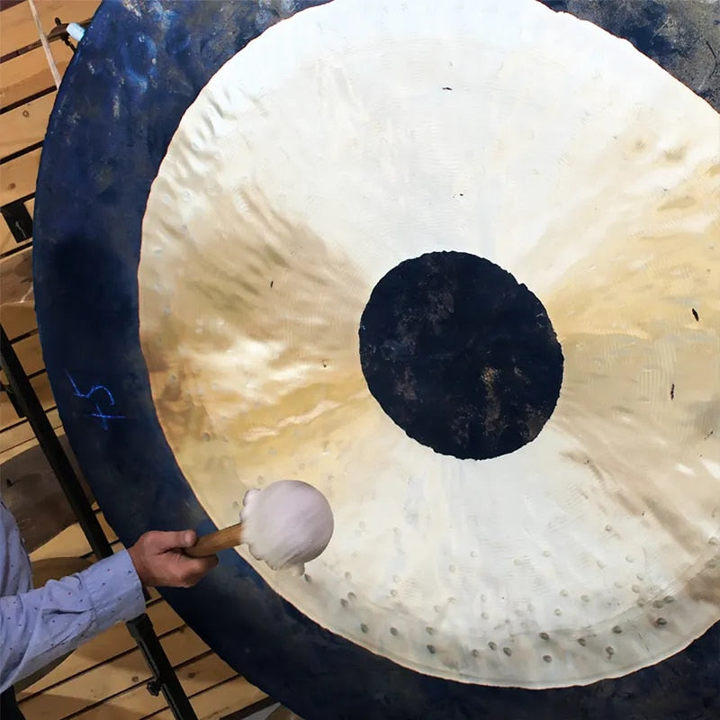 Traditional 38 Inch Chinese Gong with black center and metallic white surface for sound healing