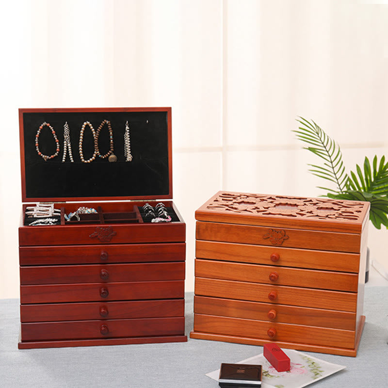 Spacious Six-Layer Vintage Flower Wooden Jewelry Box