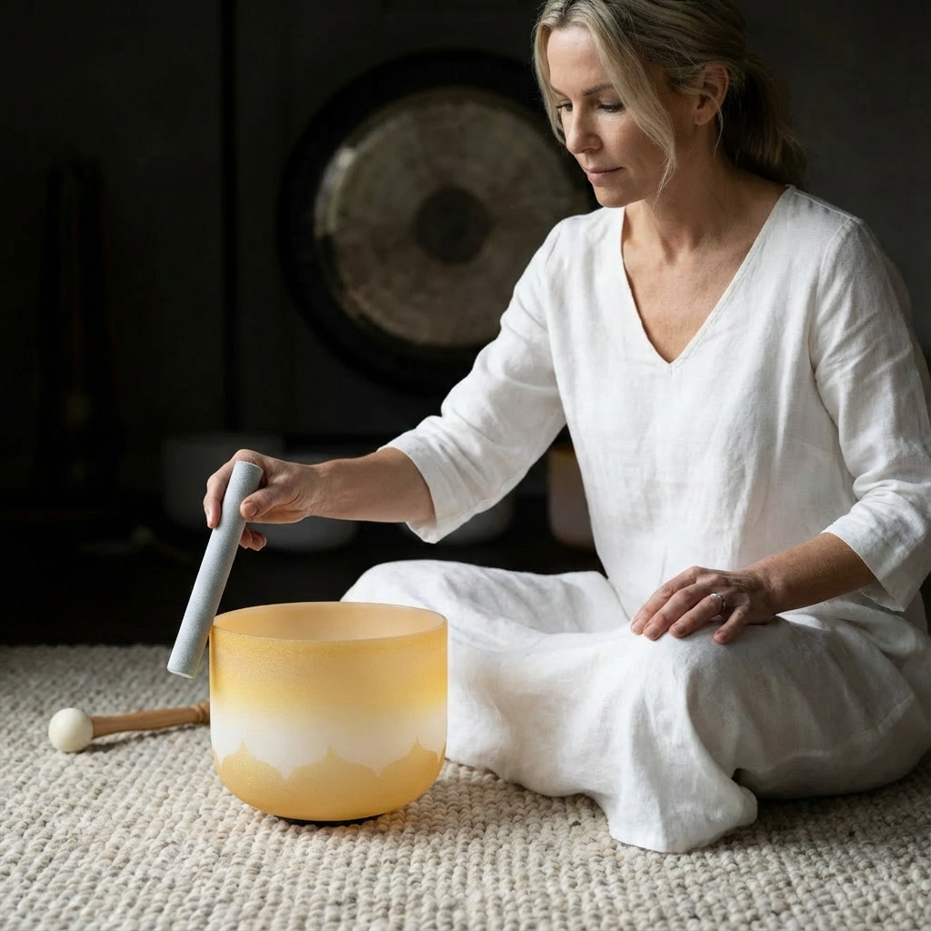 8" Golden Lotus Design Crystal Singing Bowl