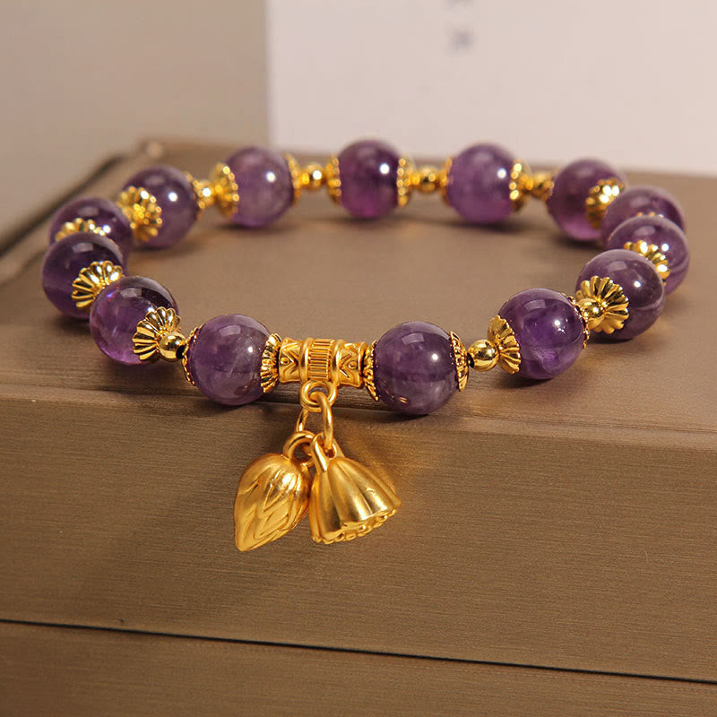 Natural Amethyst Healing Bracelet with Lotus for Spiritual Balance