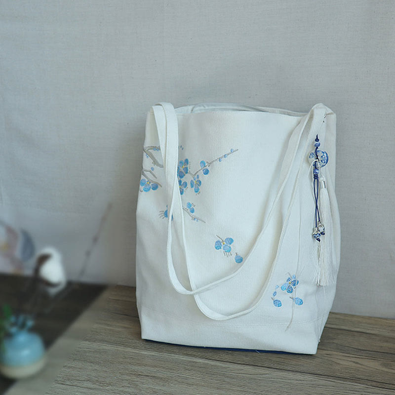 Canvas Tote Bag with Flower Crane & Plum Blossom Embroidery