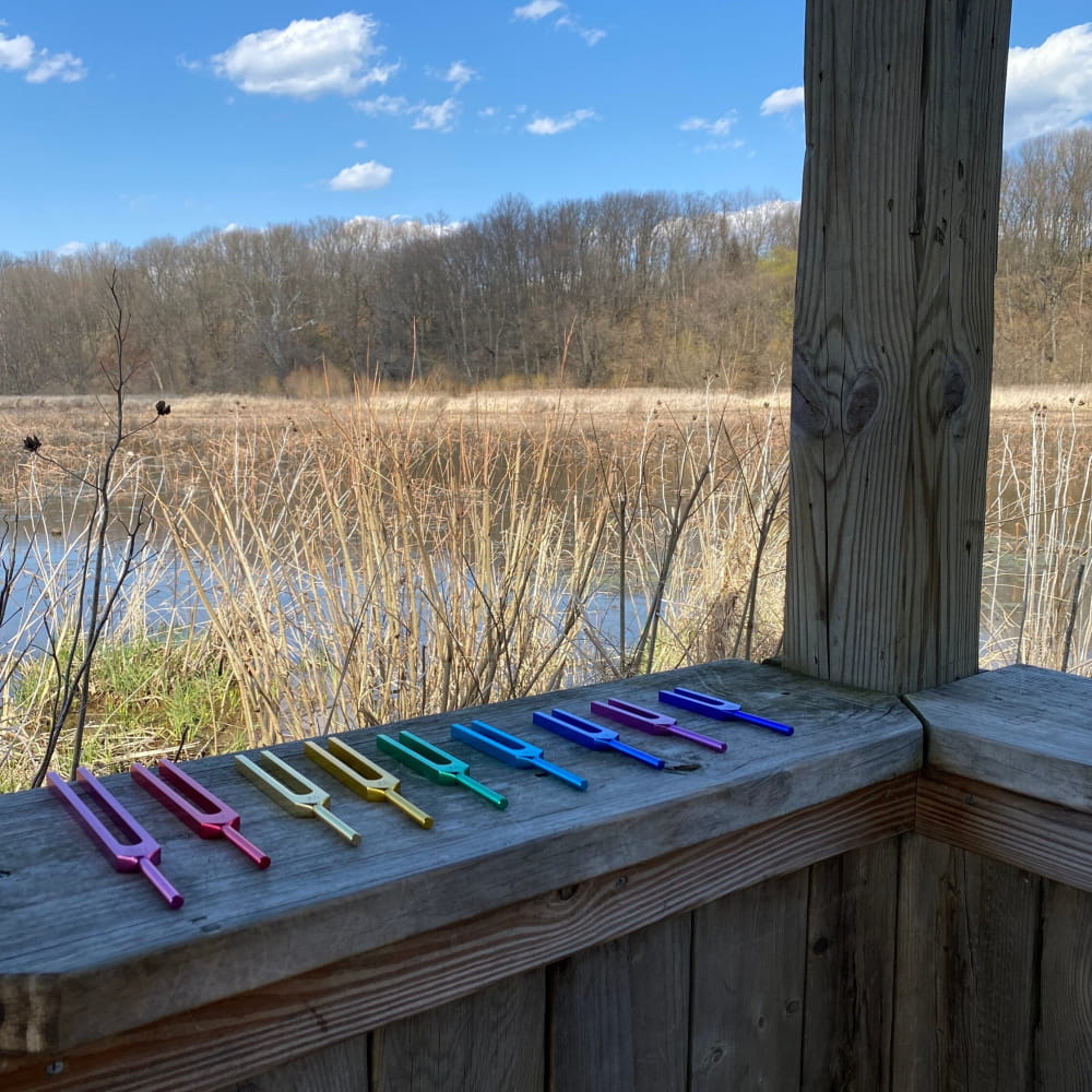 Colorful pens lined up on wood surface beside Tuning Fork Set for Healing