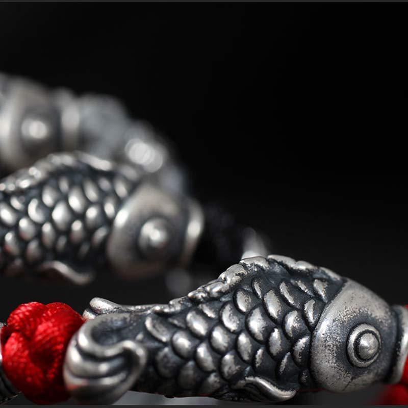 Sterling Silver Koi Fish Bracelet with Red Braided String