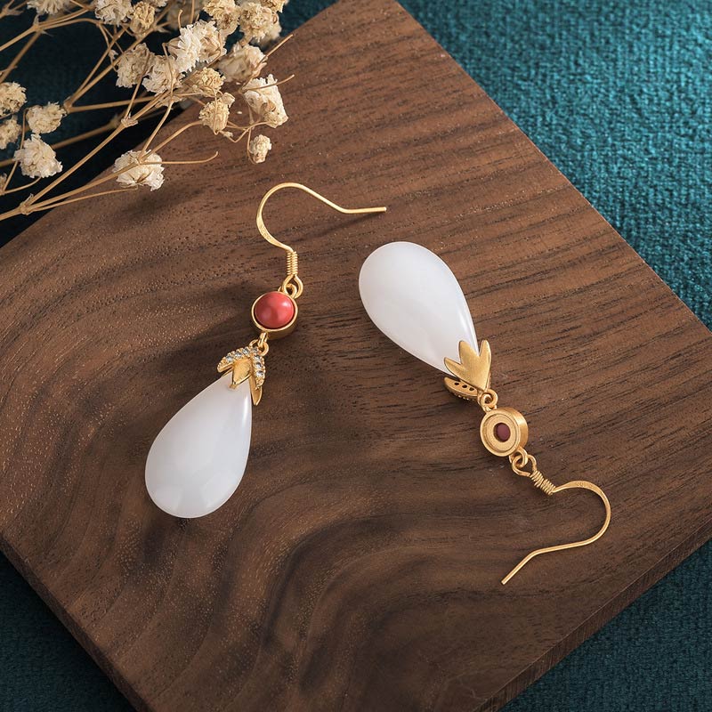 White Jade Luck Drop Earrings for Protection & Happiness
