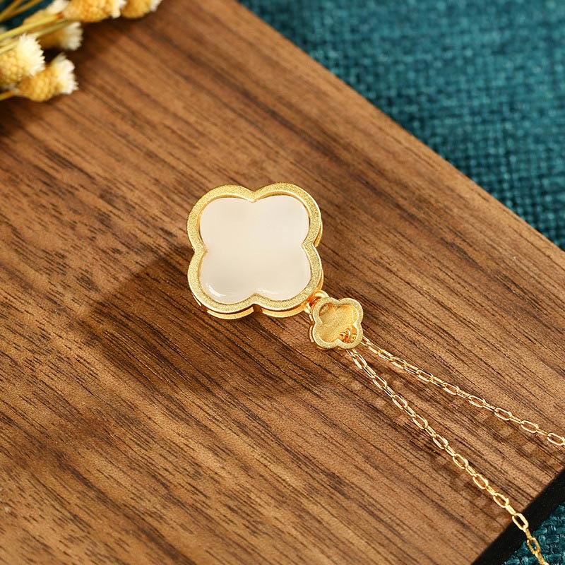 24K Gold Plated White Jade Luck Pendant Necklace & Earrings