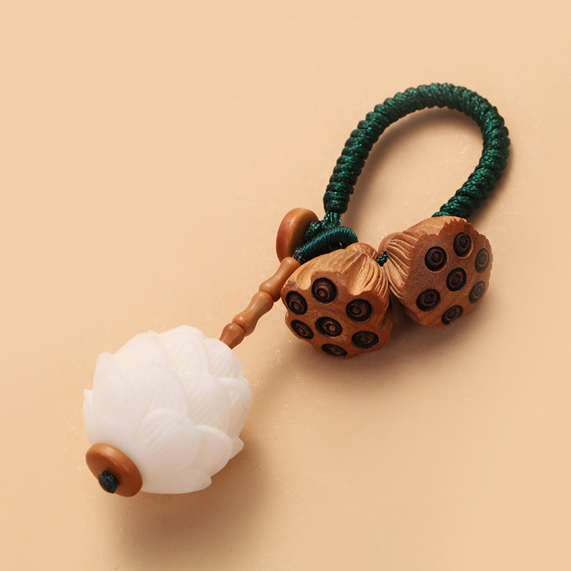 Natural White Bodhi Seed Peach Wood Spiritual Keychain