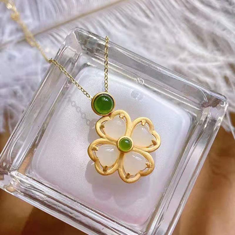 925 Sterling Silver Lucky Four Leaf Clover Jade Necklace | Prosperity & Luck