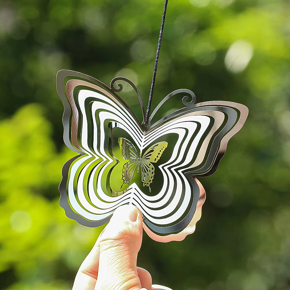 Metallic spiral 3D Butterfly Kinetic Wind Spinner with a green butterfly centerpiece