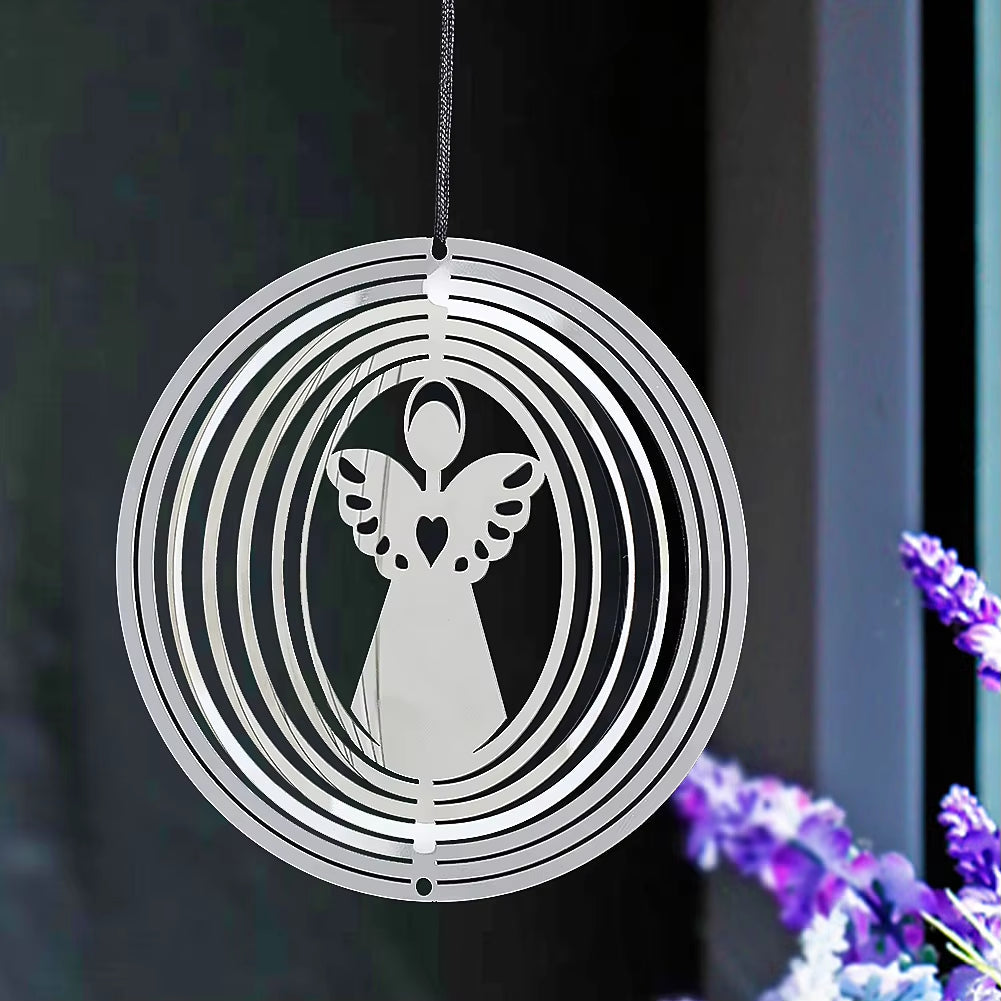 Metal wind spinner with angel silhouette in concentric circles for garden decor